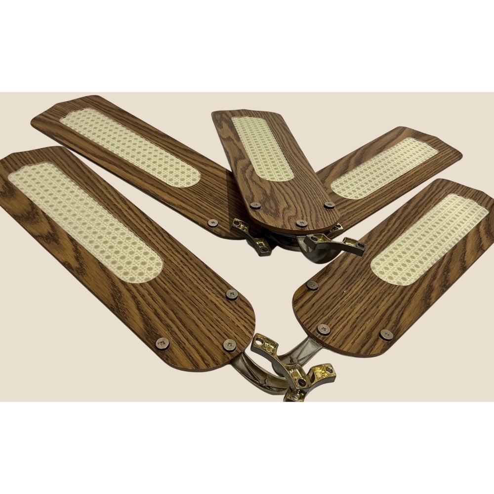 Vintage Ceiling Fan Blades Set of 5 Oak Wood Grain Cane Inlay Brackets Hardware